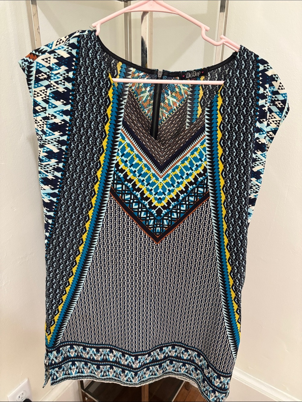BeBop Blue and Yellow Geometric Cap-Sleeve Tunic Dress